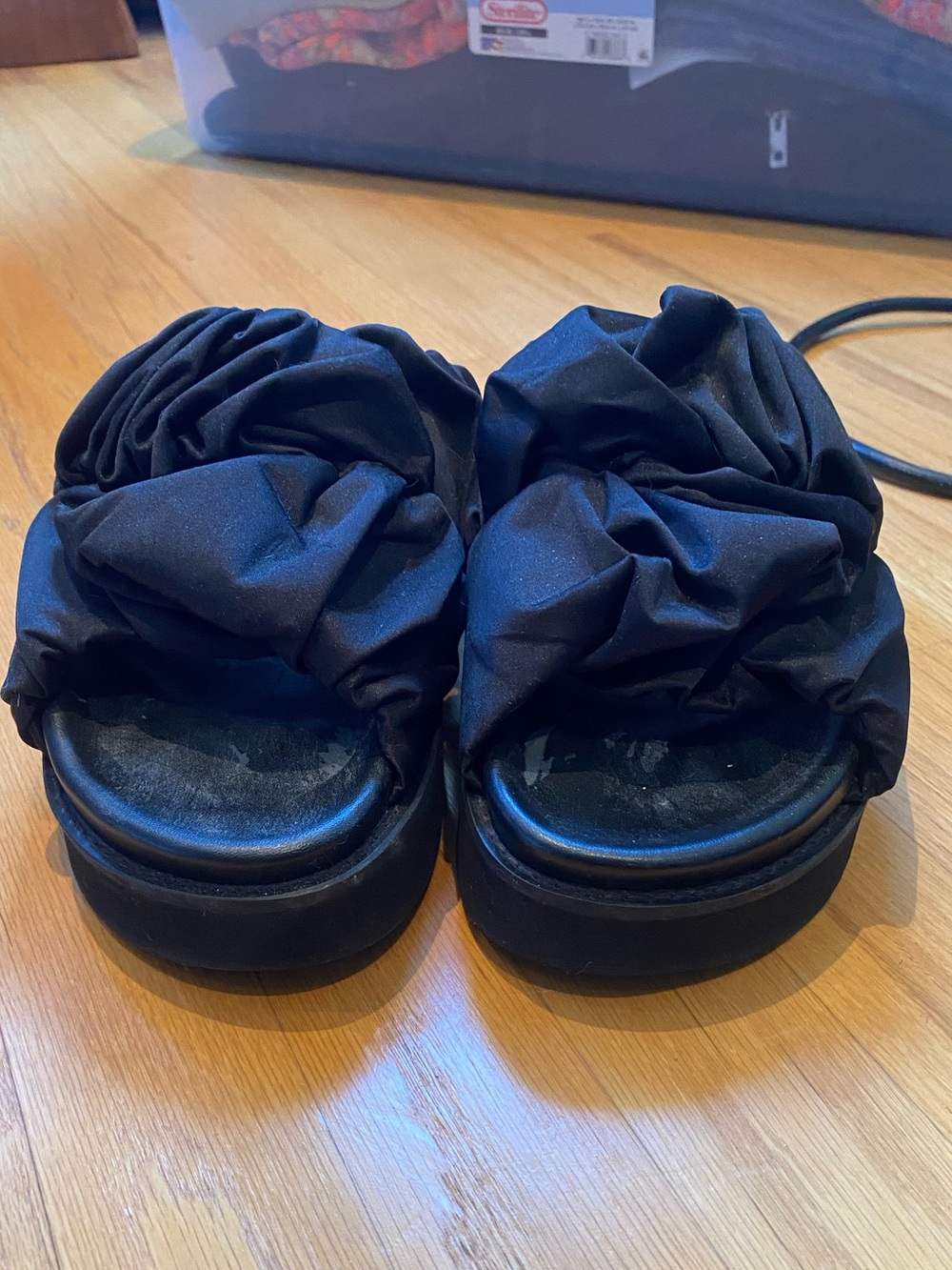 Ganni Black Ruched Satin Slide Sandals